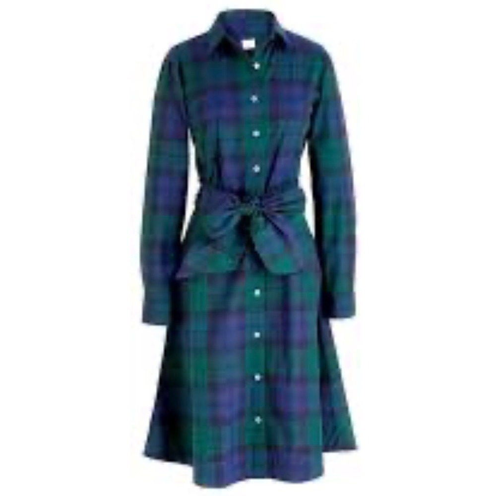 J.Crew Plaid Shirt Dress Womens 2 Green Blue Black Watch Tartan Belted Preppy